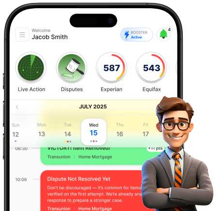 Mobile app dashboard showing user Jacob Smith with circular status icons (Live Action, Disputes, Experian 587, Equifax 543), a July 2025 calendar, booster badge, and a 3D mascot beside the phone company interface.